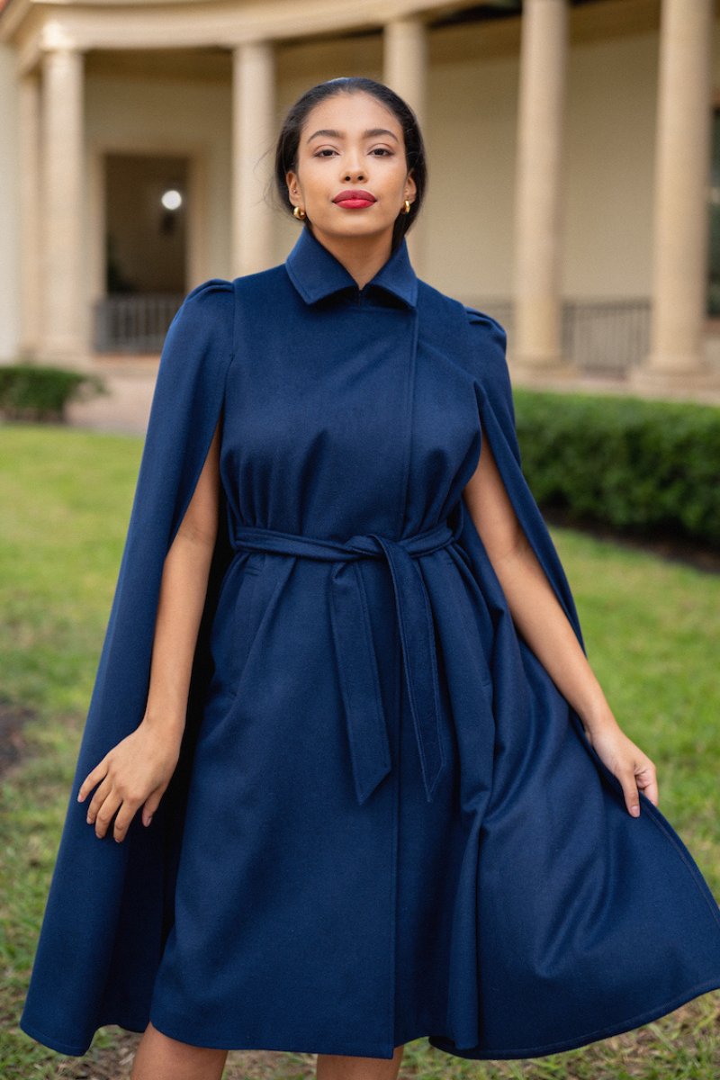 Cape Royal Long Belted Cape Navy Wool Cashmere - Nina Nieves M-Cape Cape Royal Long Belted Cape Navy Wool Cashmere - Nina Nieves M-Cape