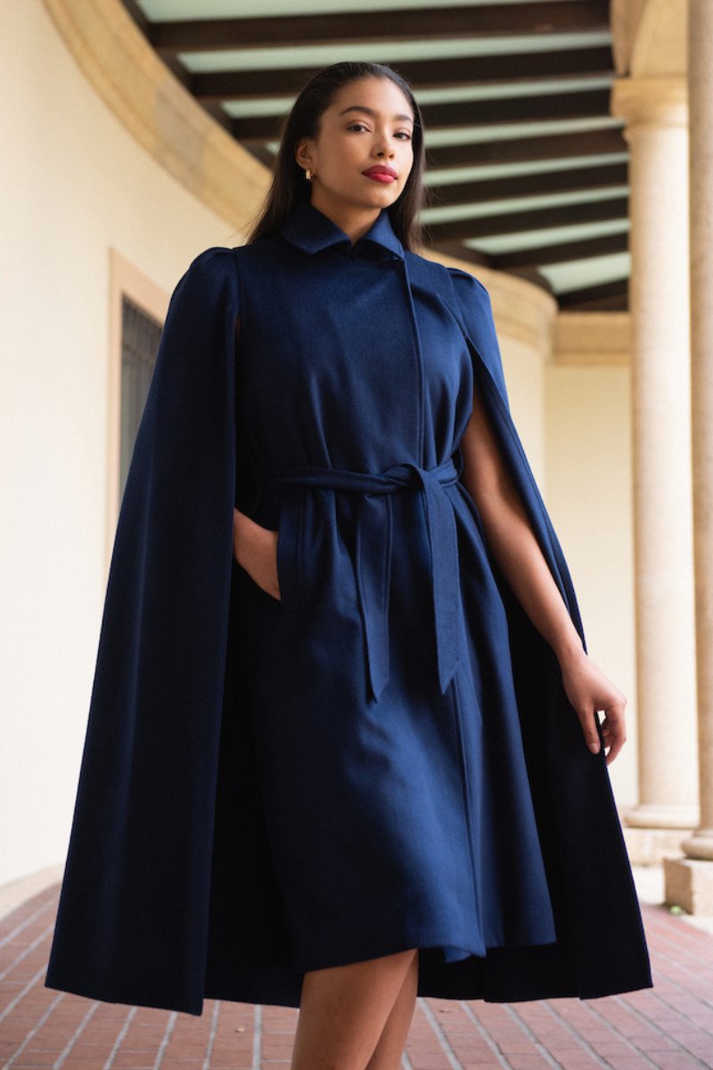 Cape Royal Long Belted Cape Navy Wool Cashmere - Nina Nieves M-Cape Cape Royal Long Belted Cape Navy Wool Cashmere - Nina Nieves M-Cape