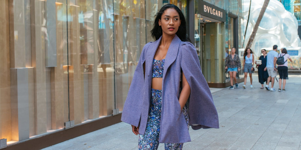 Krystal wearing our Lavender Merino Wool cape shopping in the Miami Design District. 
