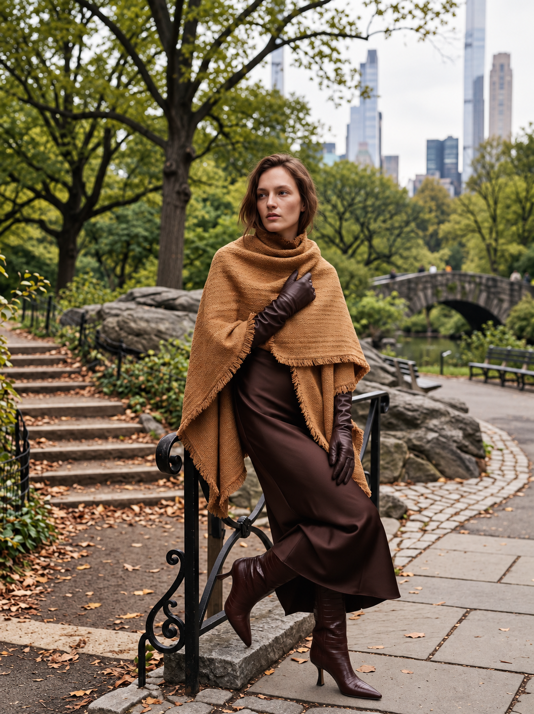Margot camel tweed wrap with fringe styled over brown dress