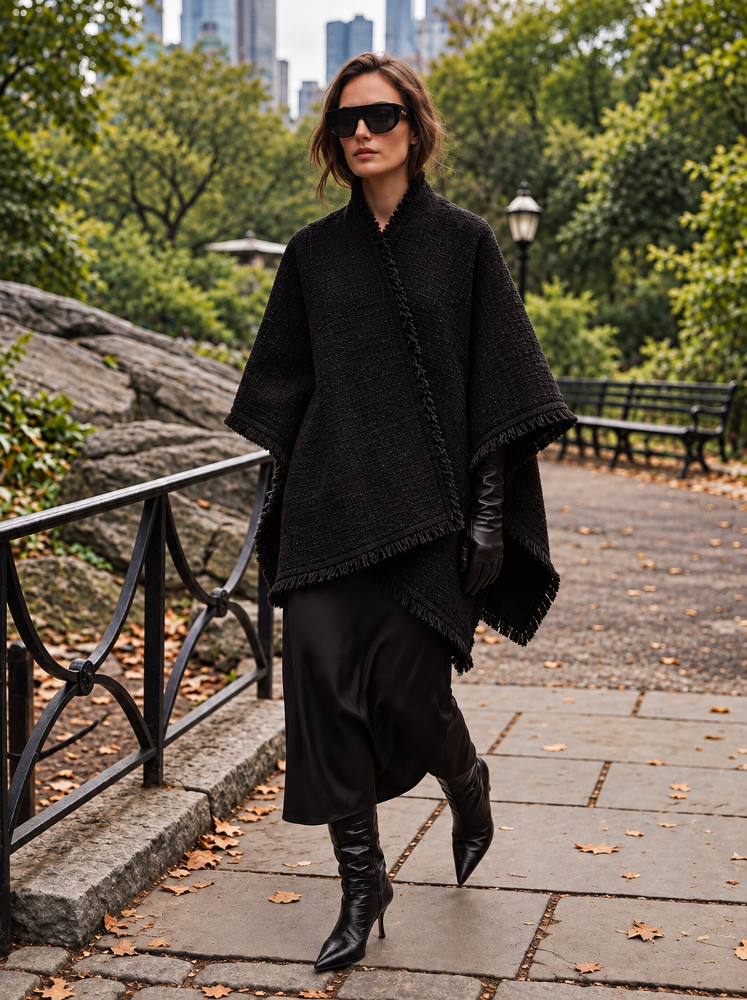 Noir black tweed wrap with fringe styled over a black dress
