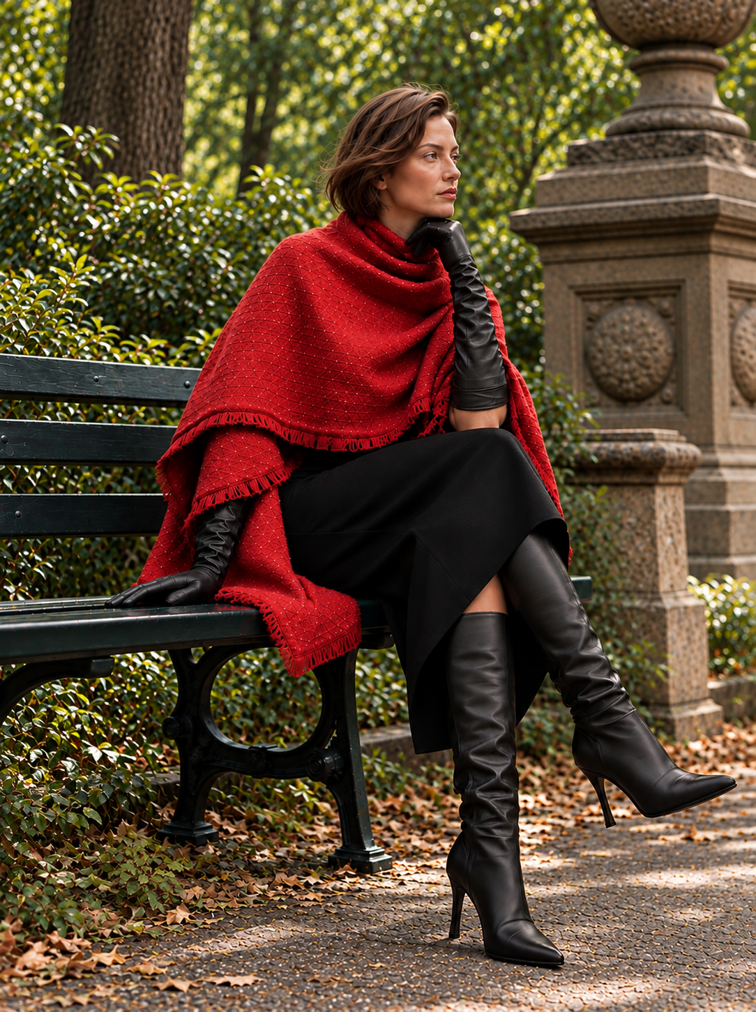 Roma red tweed fringe wrap styled with black leather boots