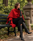Roma red tweed fringe wrap styled with black leather boots