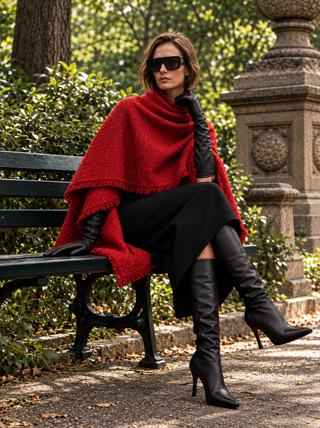 Roma Heritage red textured tweed wrap on park bench