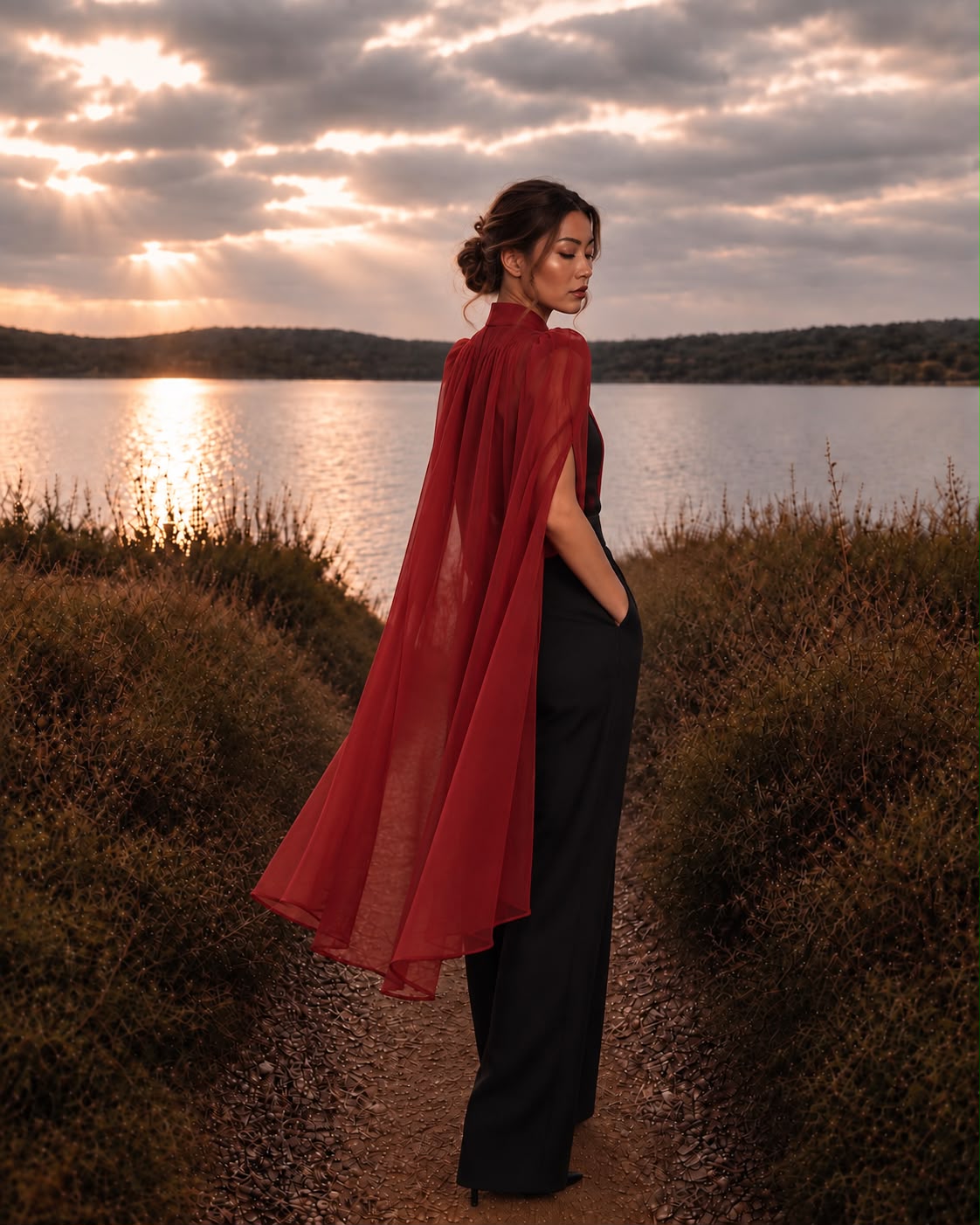 Rouge Silk Chiffon Cape - Nina Nieves